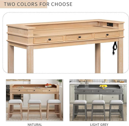 4-Piece Counter High Bar Table Set with Drawers & Charging Station,Counter Height Dining Table Set with Rectangle Table & 3 Upholstered Chairs,Retro Dinette sets for Breakfast Nook,Small Place,Natural