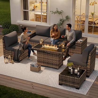 Patio Furniture Set, Wide Armrest Outdoor Furniture Set with 44" Fire Pit Table Thick Cushions, 7 Piece Wicker Rattan Patio Sectional Sofa for Backyard, Poolside, Garden