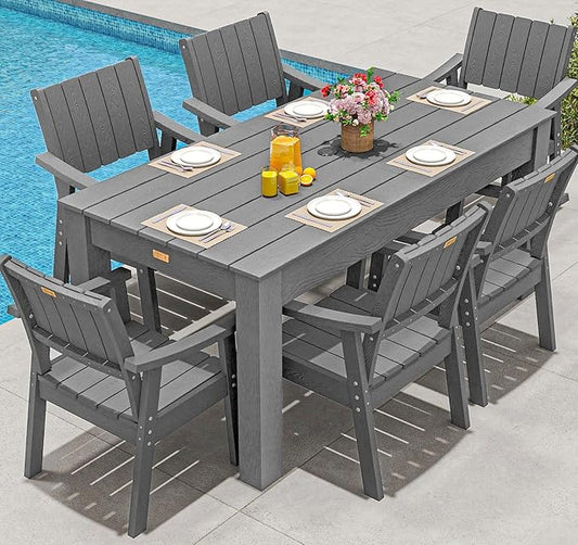 ZHUSI Patio Table and Chairs Set,HDPE Outdoor Dining Set with Umbrella Hole for Backyard, Poolside, Porch,All Weather,Grey