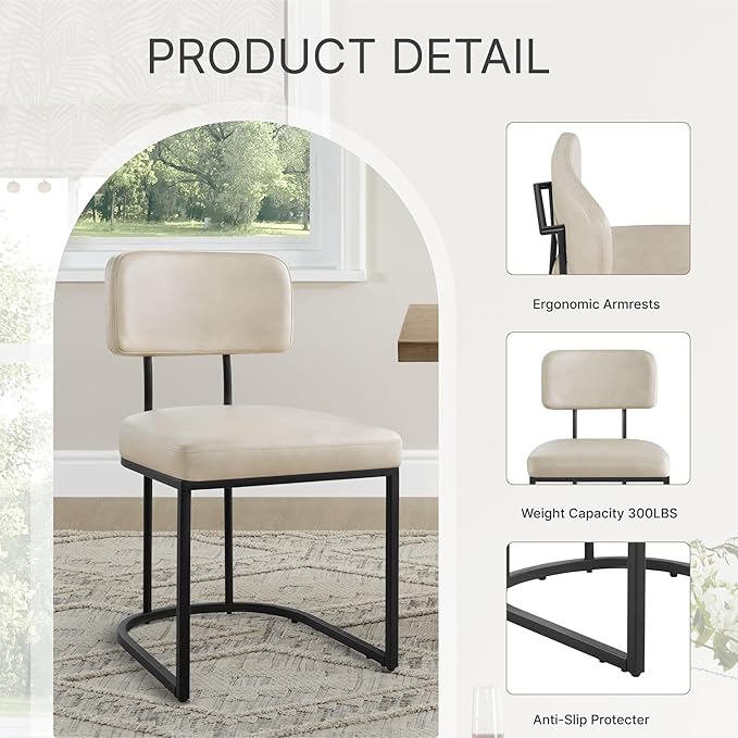 KISLOT Dining Chairs Set of 2, Upholstered Modern Kitchen Chairs with Ergonomic Backrest, Faux Leather Cushion Seat & Metal Legs for Living Room, Restaurant, and Café, Cream