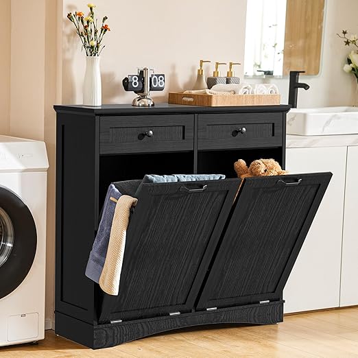 Double Tilt Out Trash Cabinet Freestanding Wooden Garbage Can Cabinet with Hideaway Drawers, 2x13 Gallons Pet Proof Garbage Can Holder for Kitchen Living Room, Dark Black