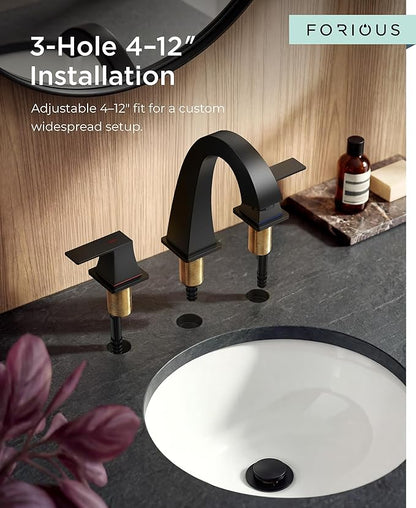 FORIOUS Bathroom Sink Faucet 3 Hole, Matte Black Bathroom Faucets for Vanity with Pop-up Drain and Supply Lines, Lead-Free 8 Inch Widespread Faucet for 3 Hole Sink