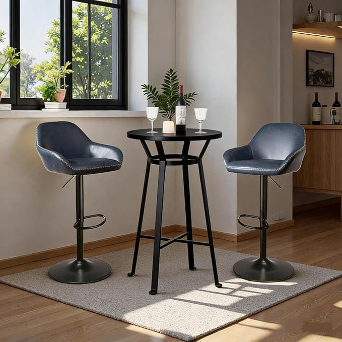 Glitzhome Bar Table and Chairs Set, Round Black Steel Pub Table with Soild Elm Wood Top and Bar Height Adjustable Swivel PU Leather Bar Stool for Breakfast Nook Living Room Small Space Restaurant