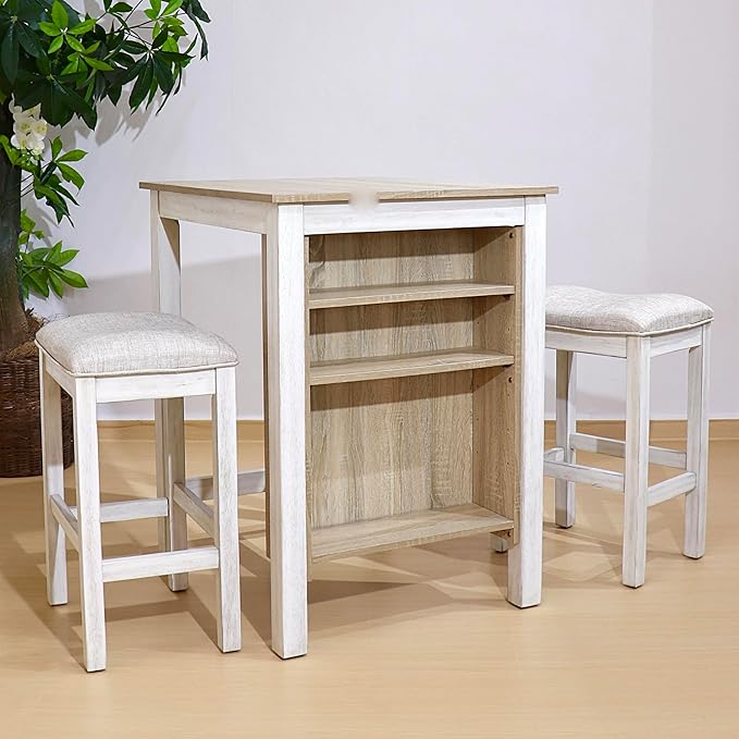 3pcs Counter Height Dining Table Set with Storage Shelves, Modern American White Oak Set for Small Spaces, Compact Kitchen Island Table 2 Chairs for Apartment Studio (Ameican White Oak)