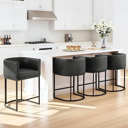 24" Counter Height Bar Stools Set of 4, Modern Barrel Counter Stools with Backrest and Arms, Faux Leather Upholstered Accent Barstools with Metal Legs for Kitchen Island,Black
