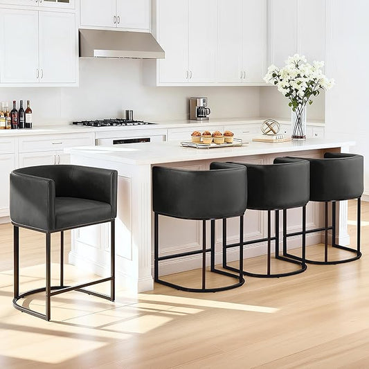 24" Counter Height Bar Stools Set of 4, Modern Barrel Counter Stools with Backrest and Arms, Faux Leather Upholstered Accent Barstools with Metal Legs for Kitchen Island,Black