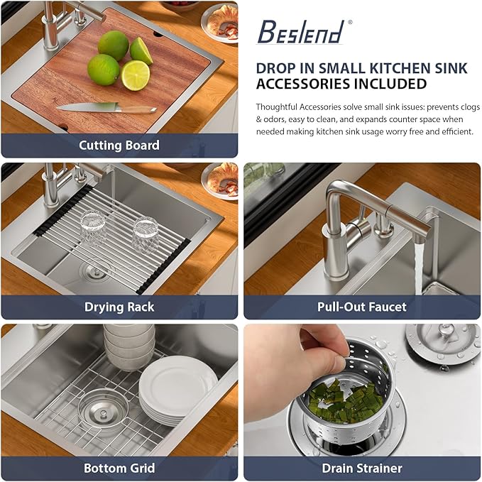21 Outdoor Kitchen Sink with Faucet- Beslend Drop In Outdoor Bar Sink with Pull-Out Faucet and Cover, 16 Gauge Stainless Steel Kitchen Sinks Workstation Single Bowl Above Counter Indoor Outdoor