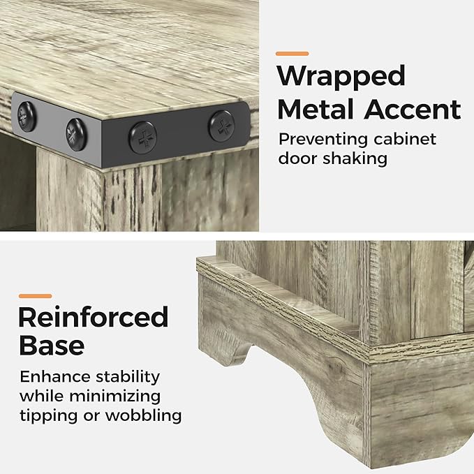 RoyalCraft 25" Tall Farmhouse Nightstand with Charging Station, Grey End Table with Storage, Large Wooden Rustic Bedside Table for Bedroom, Light Grey