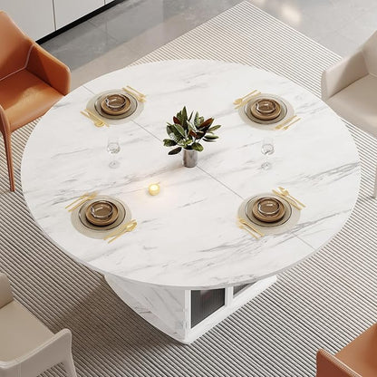 IBF 47" Round Dining Table with Storage, White Faux Marble Kitchen Tables for 4-6 People, Modern Dining Room Table with Fridge Space, Wood Circle Dinner Tables for Home, White Marble, Only Table
