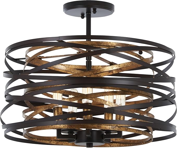 Minka Lavery 4675-111 Vortic Flow Convertible Pendant to Semi-Flush, 5-Light, 300 Total Watts, 16-in H x 9-in W, Dark Bronze with Mosaic Gold Interior