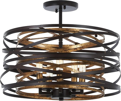 Minka Lavery 4675-111 Vortic Flow Convertible Pendant to Semi-Flush, 5-Light, 300 Total Watts, 16-in H x 9-in W, Dark Bronze with Mosaic Gold Interior