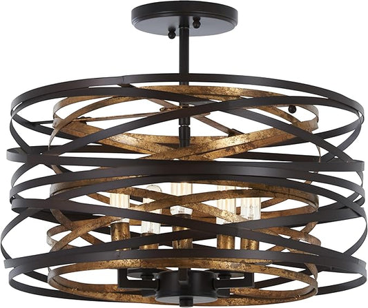 Minka Lavery 4675-111 Vortic Flow Convertible Pendant to Semi-Flush, 5-Light, 300 Total Watts, 16-in H x 9-in W, Dark Bronze with Mosaic Gold Interior