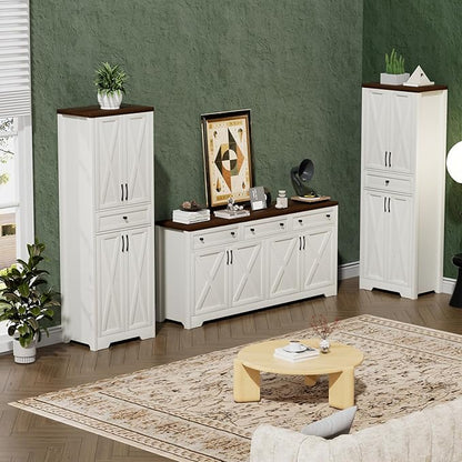 Lyromix 3 Pieces Sideboard and Pantry Set with Storage, Brown Farmhouse Wall Unit Entertainment Center, Large Kitchen Sideboard Buffet Pantry Cabinet with Drawers