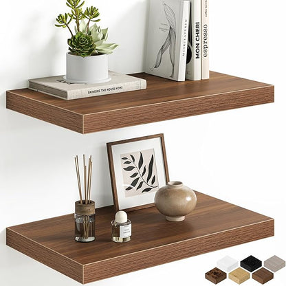 Floating Shelves Set of 2, 12 Inch Deep Floating Shelves with Heavy Duty Brackets, 20'' Rustic Wood Wall Mounted Shelf for Bathroom, Bedroom, Living Room & Kitchen, Modern Home Decor Storage, Walnut