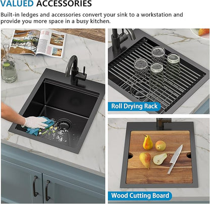 15"x20" Drop In Bar Prep Sink Workstation – Gunmetal Black NANO-PVD, 16 Gauge 304 Stainless Steel, Single Bowl Top Mount Wet Bar RV Outdoor Kitchen Sink with Faucet