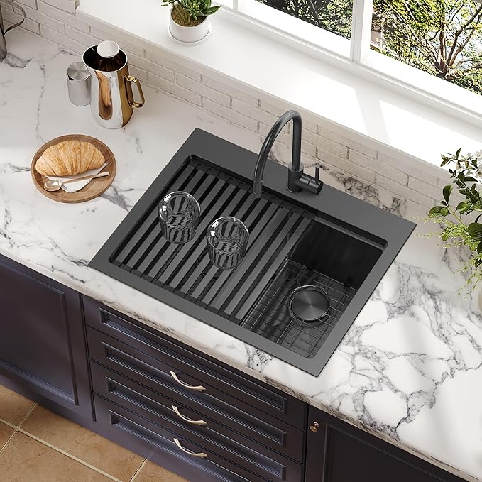 MILOSEN 28 Inch Black Double Bowl Kitchen Sink, Black Drop in 16 Gauge T304 Stainless Steel Sinks, Workstation Sink 50/50 Topmount Double Basin with Accessories, 10'' Large and Deep Kitchen Sinks