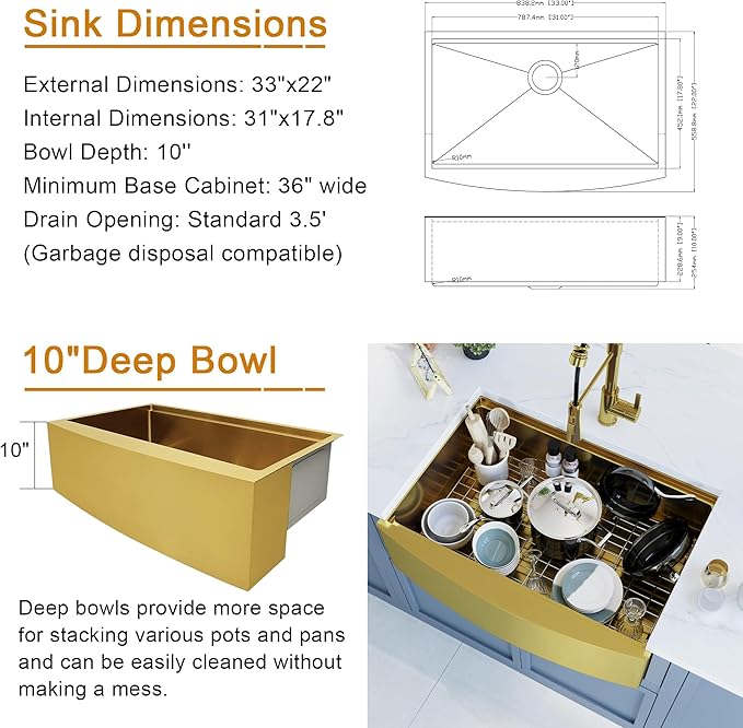 HEARCATE 33 Inch Luxury Gold Farmhouse Sink 16 Gauge Stainless Steel Workstation Undermount Apron Front Gold Kitchen Sink 10 Inch Deep Single Bowl Farm Sink