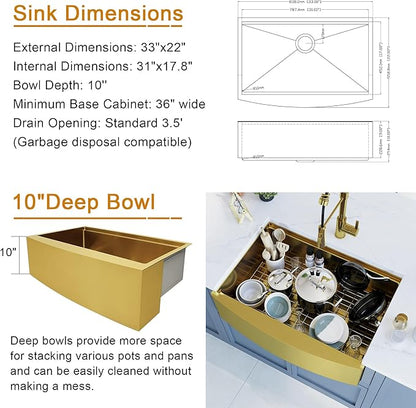 HEARCATE 33 Inch Luxury Gold Farmhouse Sink 16 Gauge Stainless Steel Workstation Undermount Apron Front Gold Kitchen Sink 10 Inch Deep Single Bowl Farm Sink