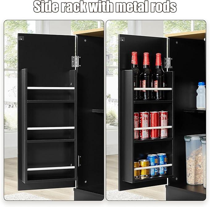53 inch Large Kitchen Island Cart with Trash Can Storage Cabinet,Drawer and Adjustable Shelves,Breakfast Bar Cabinet for 13 Gallon Garbage Bin (Black+Oak@w)