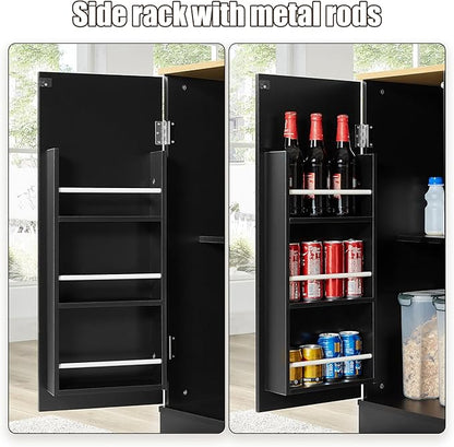 53 inch Large Kitchen Island Cart with Trash Can Storage Cabinet,Drawer and Adjustable Shelves,Breakfast Bar Cabinet for 13 Gallon Garbage Bin (Black+Oak@w)