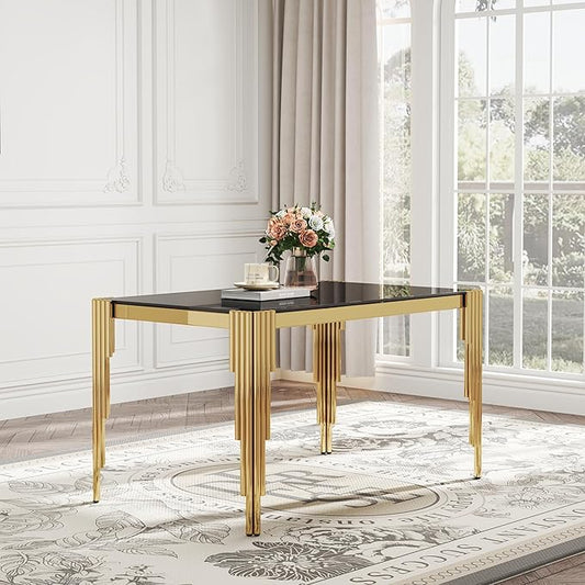 Modern Rectangle Glass Dining Table for 4-6 People, 53" Black Tempered Glass Desktop with Gold Mirrored Stainless Steel Legs for Apartments, Dinner, Home Office