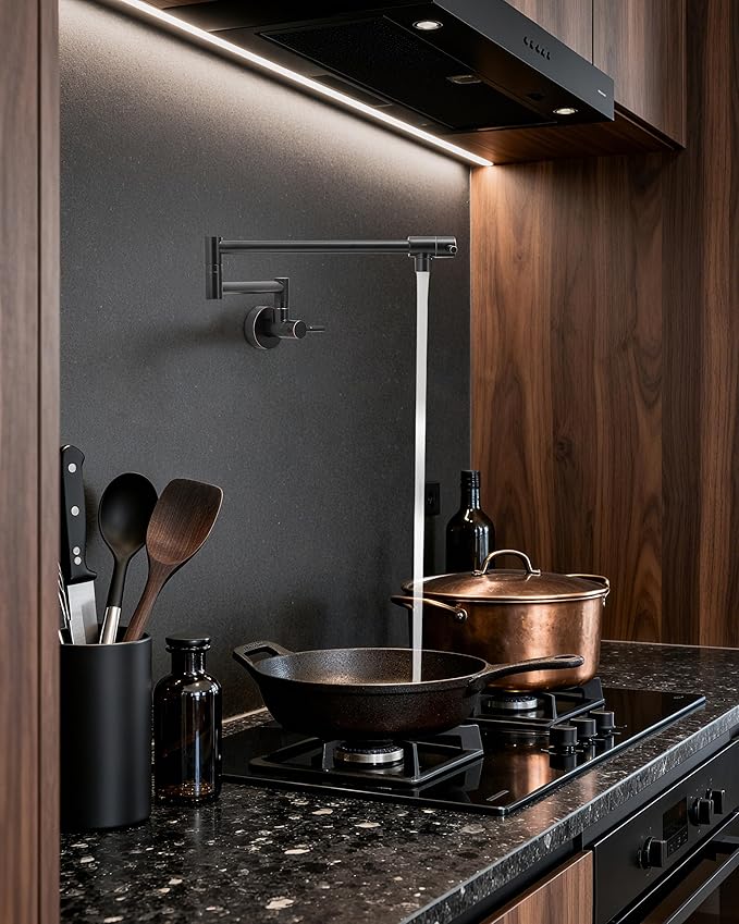Fransiton Pot Filler, Oil-Rubbed Bronze Pot Filler Faucet Wall Mount, Brass Folding Stretchable with Double Joint Swing Arm Single Hole Two Handles Over Stove Kitchen Restaurant