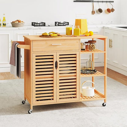 Giantex Bamboo Kitchen Island Cart, Mobile Serving Cart with Drawer, 2-Door Storage Cabinet, 3-Tier Shelves & Towel Rack, Rolling Utility Trolley for Dining Room (Natural)