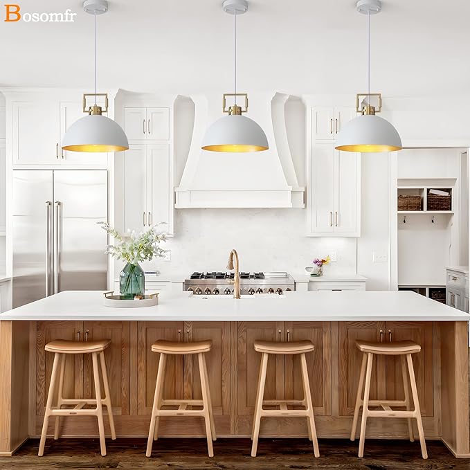 12'' Farmhouse Pendant Light 2 Pack White and Gold for Kitchen Island, Dome Industrial Metal Hanging Lighting Fixtures, Adjustable Height Dining Room Chandelier for Hallway and Foyer