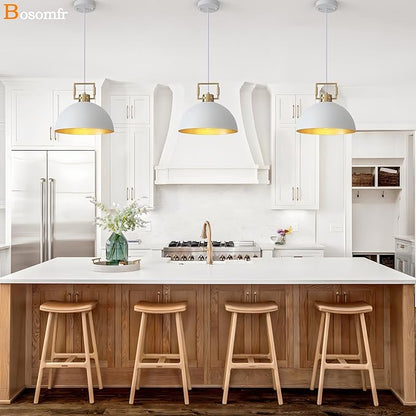 12'' Farmhouse Pendant Light 2 Pack White and Gold for Kitchen Island, Dome Industrial Metal Hanging Lighting Fixtures, Adjustable Height Dining Room Chandelier for Hallway and Foyer
