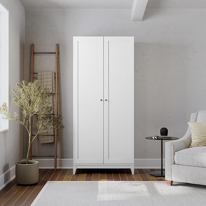 Prepac Yaletown 72" Tall Storage Cabinet with Wood Legs, Pantry Cabinet with 3 Adjustable Shelves, Bathroom, Kitchen and Home Organization in White, 16" D x 32" W x 72" H