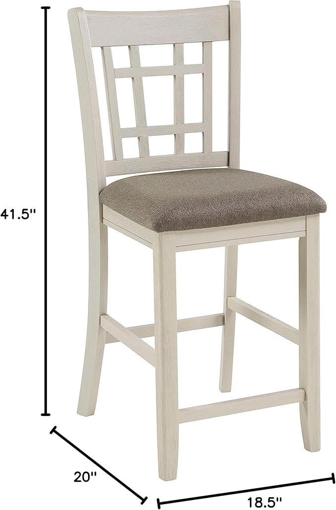 Lexicon Dante Counter Height Chair (Set of 2), Wood Frame Kitchen Island Chair with Upholstered Fabric Seat and Lattice Back Design, Easy Assembly, Antique White