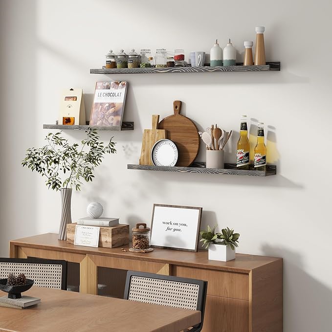 FLYJOE Picture Ledge Wall Shelves - 24 Inch Width Set of 3, Solid Pine Wood Rustic Floating Ledge Shelves for Kids' Room, Bedroom, Kitchen, Bathroom, Living Room, Nursery Display Wall Decor, Grey