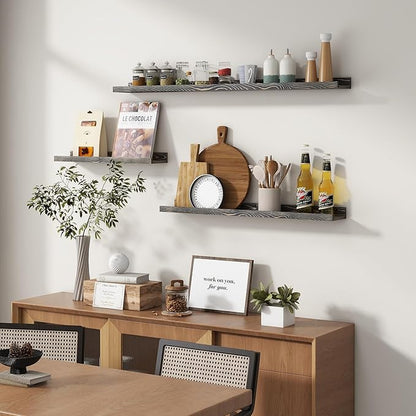 FLYJOE Picture Ledge Wall Shelves - 24 Inch Width Set of 3, Solid Pine Wood Rustic Floating Ledge Shelves for Kids' Room, Bedroom, Kitchen, Bathroom, Living Room, Nursery Display Wall Decor, Grey