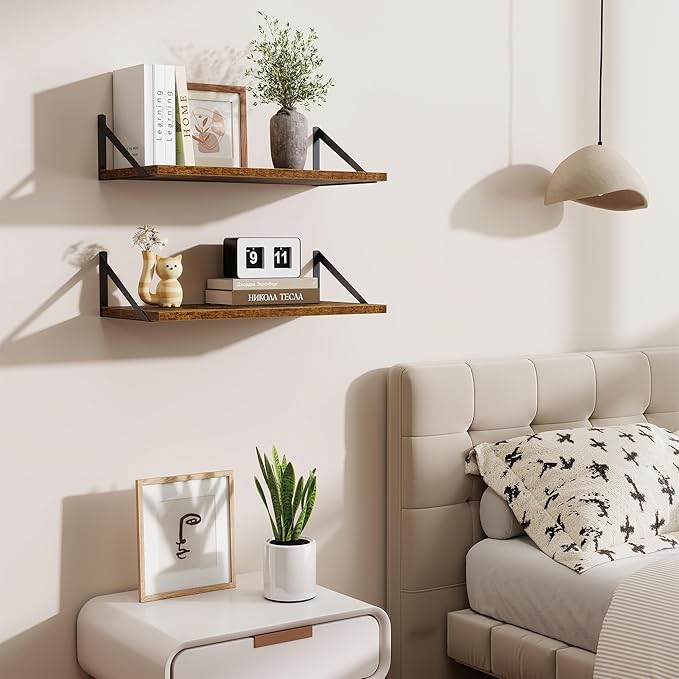 Acovy Deep Floating Shelves,24" Wx10 D Floating Shelf for Wall Set of 2,Hanging Storage Shelf with Metal Brackets,Wide Display Wall Shelves for Living Room,Bedroom,Bathroom,Kitchen,Rustic Brown