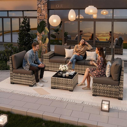 Patio Furniture Set, Wide Armrest Outdoor Furniture Set with Thick Cushions, 6 Piece Wicker Rattan Patio Sectional Sofa for Backyard, Poolside, Garden