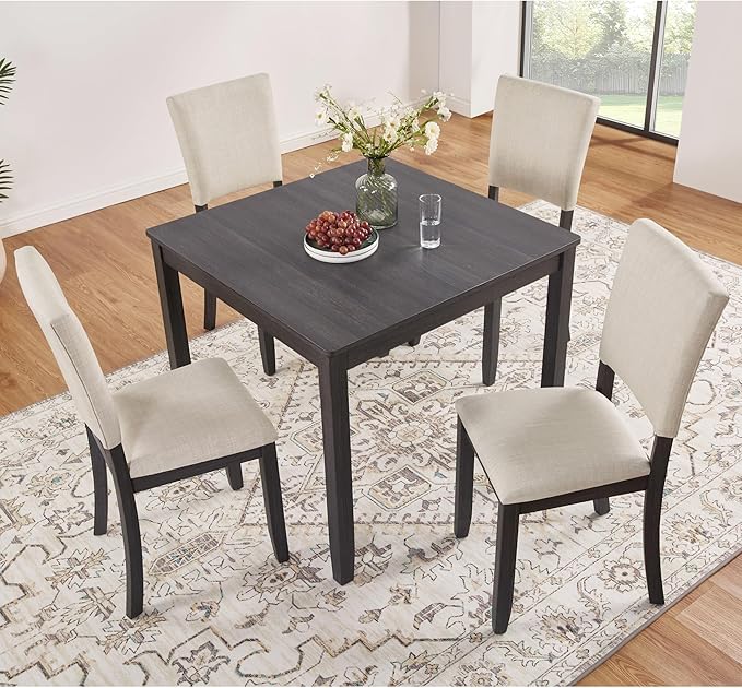 5-Piece Modern Wooden Dining Table Set for 4, Dining Table Set for 4 People with Upholstered Chairs, Square Kitchen Table and Chairs Set for Dining Room and Kitchen, Antique Black + Beige