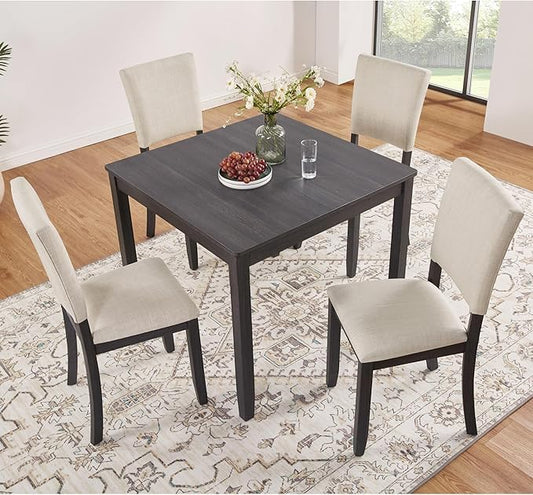5-Piece Modern Wooden Dining Table Set for 4, Dining Table Set for 4 People with Upholstered Chairs, Square Kitchen Table and Chairs Set for Dining Room and Kitchen, Antique Black + Beige