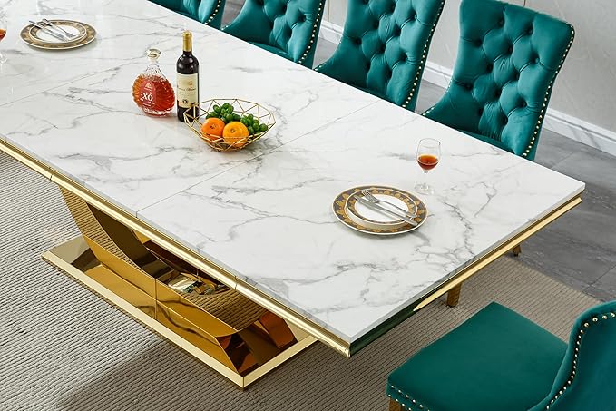 94 Inch White Marble Dining Table for 6-10 People, Modern Extra Long Rectangular Kitchen Table w/Faux Marble Top & Gorgeous Mirrored Stainless Steel Base, Large Rectangular Gold Dining Room Table
