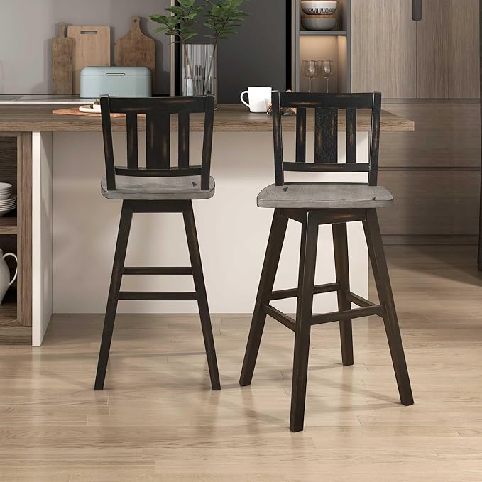 Lexicon Bar Height Bar Stools Set of 2-Solid Wood Frame 360° Swivel Wooden Stools, Foot Rest, Slat Back, Wide Seat, Distressed Farmhouse Easy to Clean Finish, 28.5" SH, Antique Black/Grey