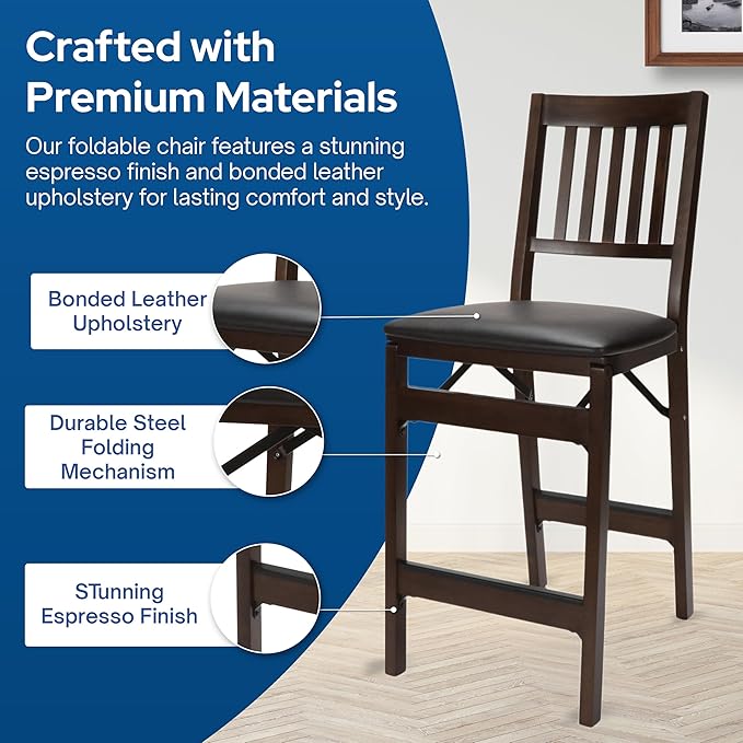 Stakmore Folding Counter Height Stools, Espresso with Bonded Leather Set of 2