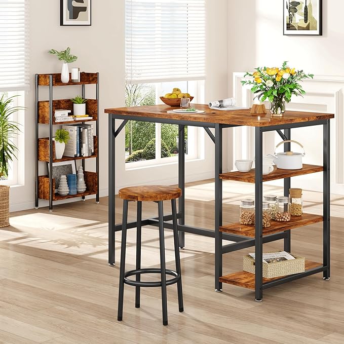 IBUYKE 40”H Bar Table with 3 Storage Shelves, High Dining Table for Kitchen, Rustic Brown Counter Table, Industrial Standing Computer Desk UTMJ054H