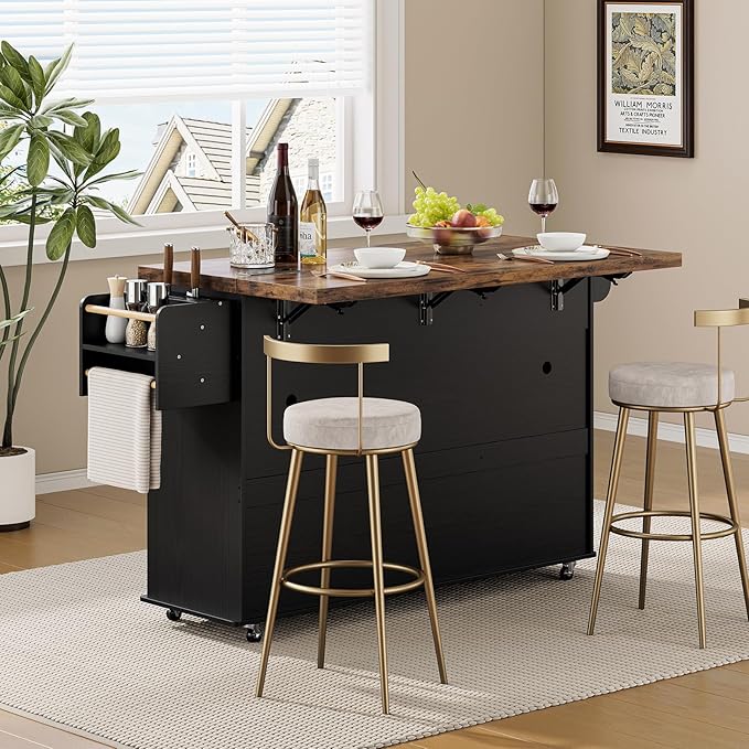 60" Kitchen Island with Power Outlet & Drop Leaf, Kitchen Rolling Island with Spice Rack & Towel Rack, Knife Holder, Kitchen Island Cart with Trash Storage Cabinet, Mobile Island Table for Kitchen