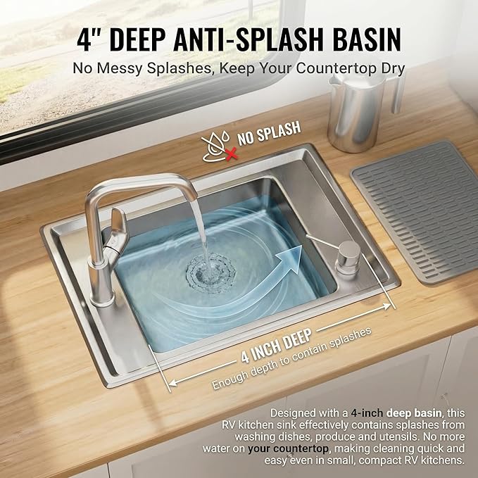 MILOSEN 25''x17'' RV Kitchen Sink, T304 Stainless Steel Drop In Top Mount Camper Sink, Single Bowl Basin with Pre-Drilled Holes & Strainer, 4" Deep Anti-Splash Sink for Mobile Building