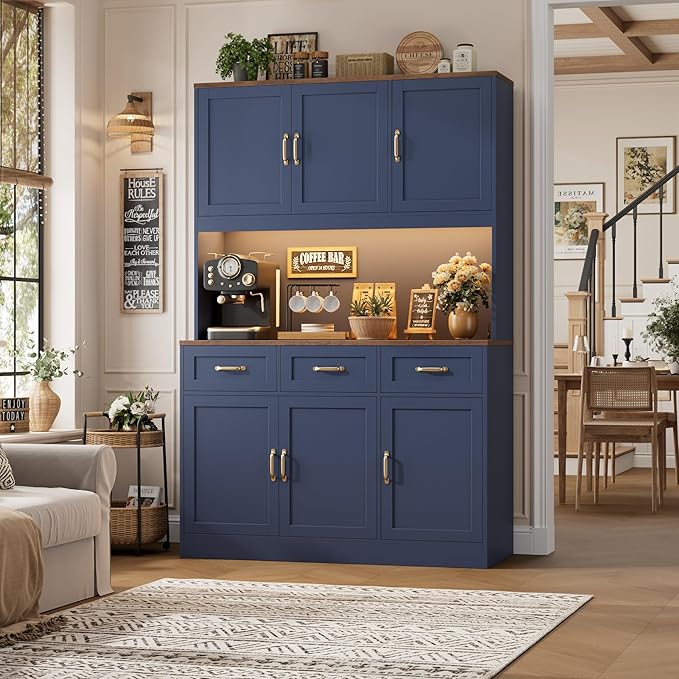 HOSTACK 72" Tall Kitchen Pantry Cabinet with Charing Station | LED Lights, 47" W Kitchen Pantry Storage Cabinet with Countertop, Modern Kitchens Hutch Cabinets with Storage for Dining Room, Blue