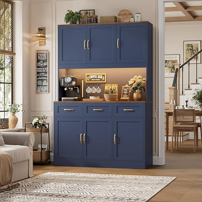HOSTACK 72" Tall Kitchen Pantry Cabinet with Charing Station | LED Lights, 47" W Kitchen Pantry Storage Cabinet with Countertop, Modern Kitchens Hutch Cabinets with Storage for Dining Room, Blue