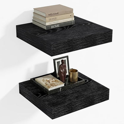 Heimlove 12 Inch Deep Floating Shelves, 12 x 12 inches Long Wall Shelf, Large Extra Display Shelf & Storage Shelf, Rustic Wood Wall Shelves for Fireplace Mantel, Black - 2Pack