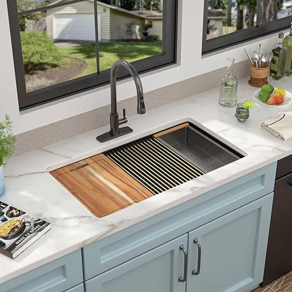 32"x19" Granite Composite Kitchen Sink - Matte Black Undermount Ledge Workstation Quartz Classic Luxury Under Counter Single Bowl Basin