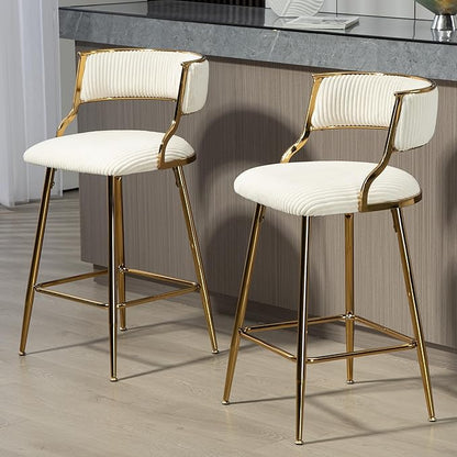 2-Pack Beige Corduroy Counter Height Bar Stools with Back, Golden Chrome Base and Footrest, Modern Kitchen Island Stools Set of 2, Upholstered Dining Stools for Home, Office, Cafe