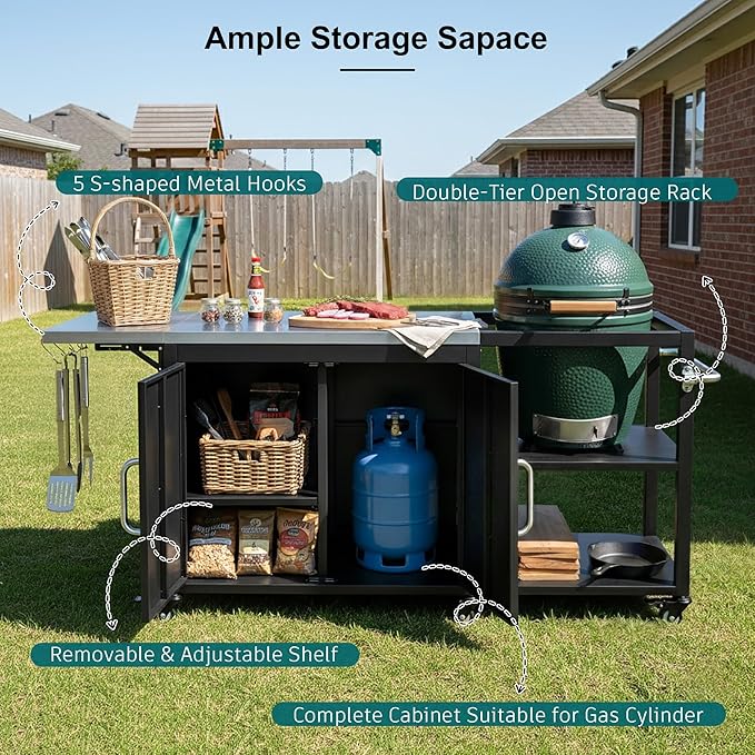 Outdoor Kitchen Island with Storage Cabinet and Adjustable Shelves, Kitchen Island Stainless Steel Top Drop Leaf for Large Big Green Egg, Rolling Cart on Wheels with Hooks & Bottle Opener Grey Blue