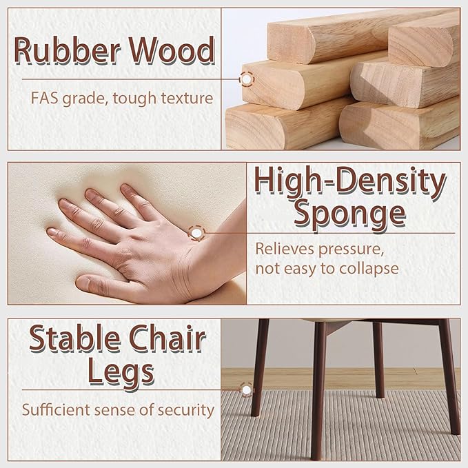 Walnut Dining Chairs Set of 4, Modern Farmhouse Decor Kitchen Island Chairs with Rubber Wood Frame Leather Cushion, Upholstered Wooden Dinner Chair for Living Room Dinning, Khaki